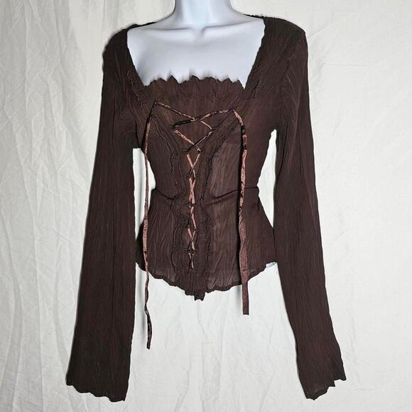 Tops - vintage y2k 2000s brown accordion chiffon crinkle fairy whimsical top